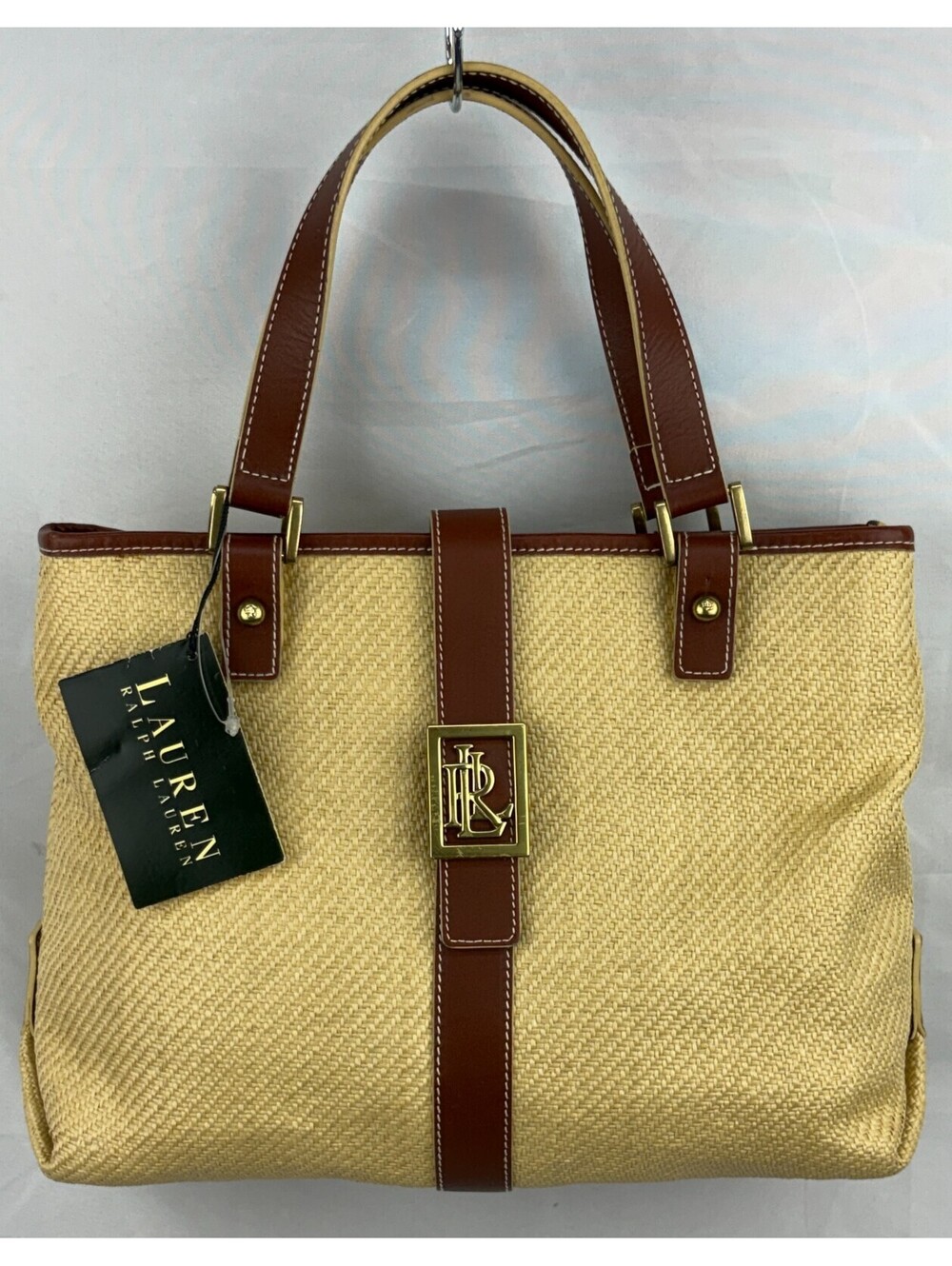 Lauren Ralph Tan Straw Tote Bag with Brown Leather Trim NWT